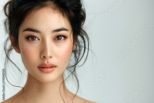 Asian woman with Korean makeup and flawless complexion showcases facial treatment. Concept Korean Makeup  Flawless Complexion  Facial Treatment  Asian Woman  Beauty Showcase