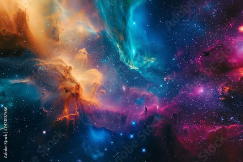 An abstract scene of stars, galaxies, and nebulae colliding in a colorful universe is depicted in this vivid explosion of cosmic color. 