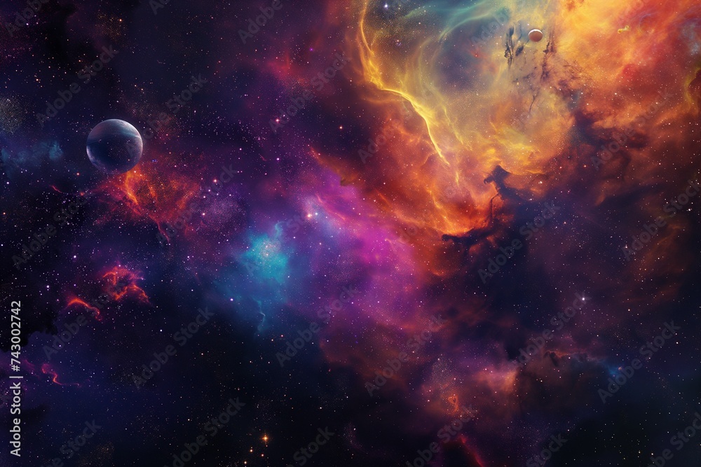 A riot of color that depicts the universe, with nebulae blending in with the shadows of unidentified planets and star clusters. 