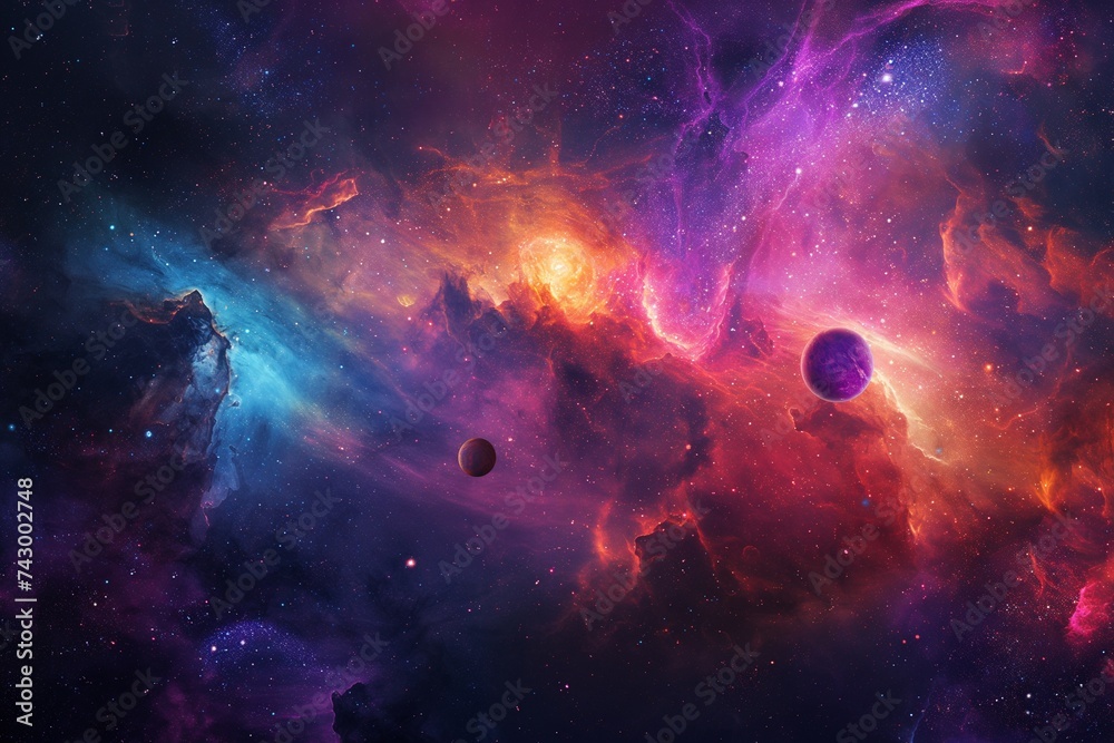 A vibrant tapestry of the cosmos, where colorful nebulae blend with the silhouettes of unknown planets and star clusters.  - obrazy, fototapety, plakaty 