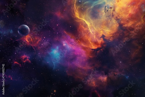 A riot of color that depicts the universe, with nebulae blending in with the shadows of unidentified planets and star clusters. 