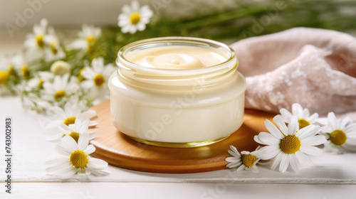 Body cream white essential oil  chamomile daisy flowers. Herbal cosmetic