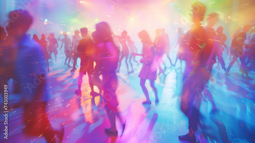 Colourful background of dancing people at a disco with multicoloured lights and blurred silhouettes