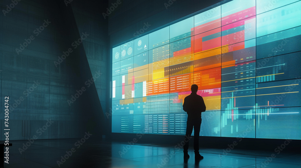 A fashionable man gazes thoughtfully at a vibrant digital canvas, adorned in artful clothing and bathed in soft indoor light A fashionable man gazes thoughtfully at a vibrant digital canvas, adorned in artful clothing and bathed in soft indoor light