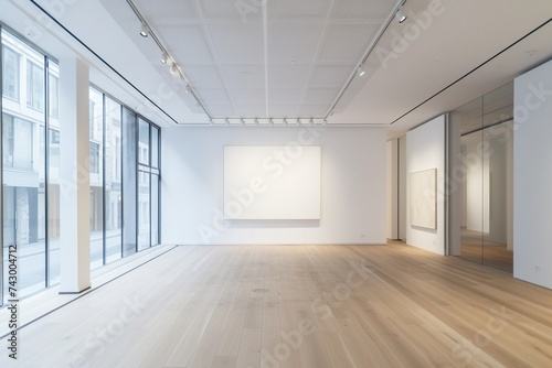 An empty white canvas hanging on a clean white wall in a minimalist art gallery space