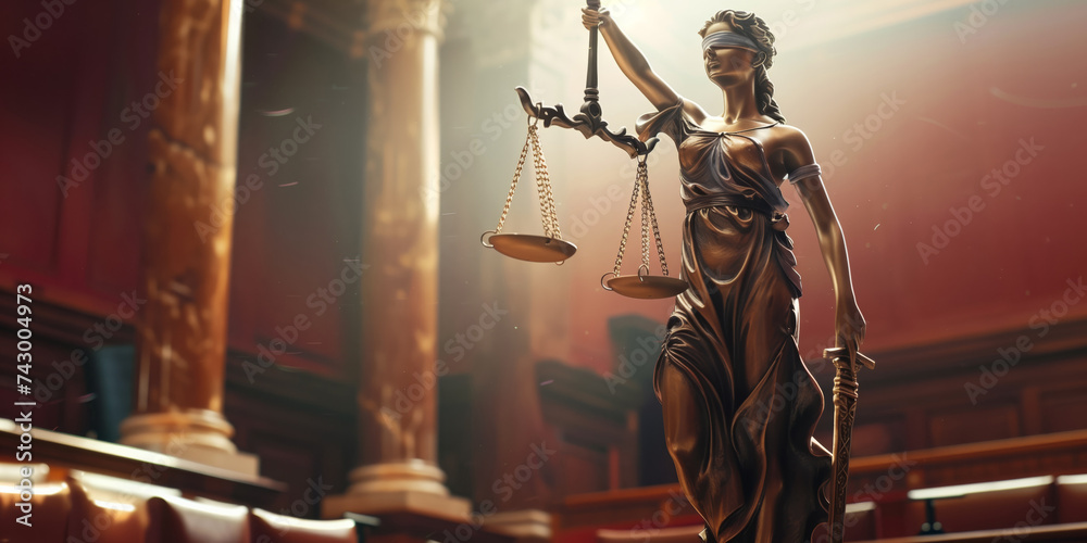 Statue of justice with scales in hands in the courtroom, banner with space for your text