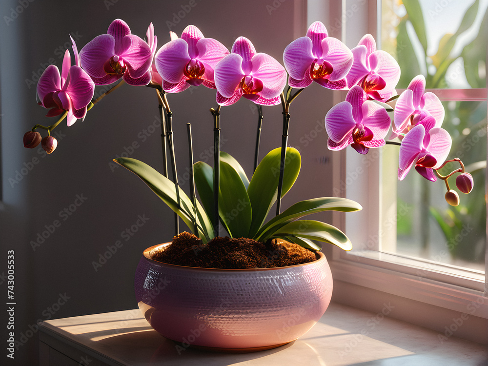 Morning Glow: Pink Orchids in Ceramic Pot by Sunlit Window. generative AI