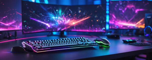 Gamer background, modern high-tech gaming setup with RGB light on desk, gamer keyboard and mouse with multiple screens in the background, streamer setup. Panoramic banner or website header