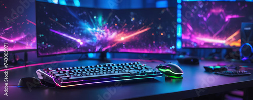 Gamer background, modern high-tech gaming setup with RGB light on desk, gamer keyboard and mouse with multiple screens in the background, streamer setup