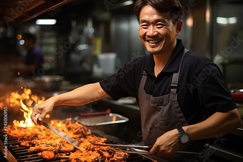 Man chef cooking asian chicken at a cafe kitchen .