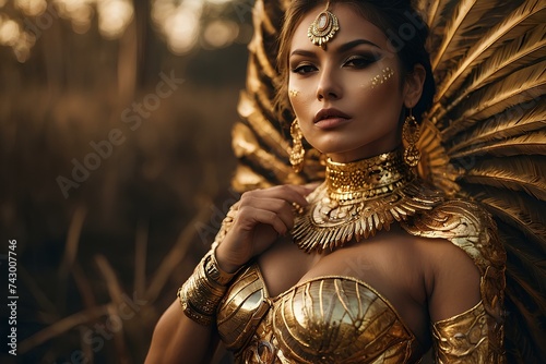 Portrait of a Queen in a Golden Dress Adorned with Opulent Jewelry photo