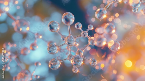 An illustration of sustainability in materials science featuring a transparent plastic polymer molecule against a background inspired by recycled materials.  photo