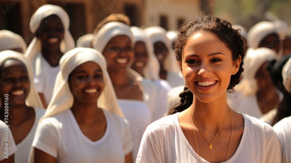 A group of women dressed in white attire are happily smiling together