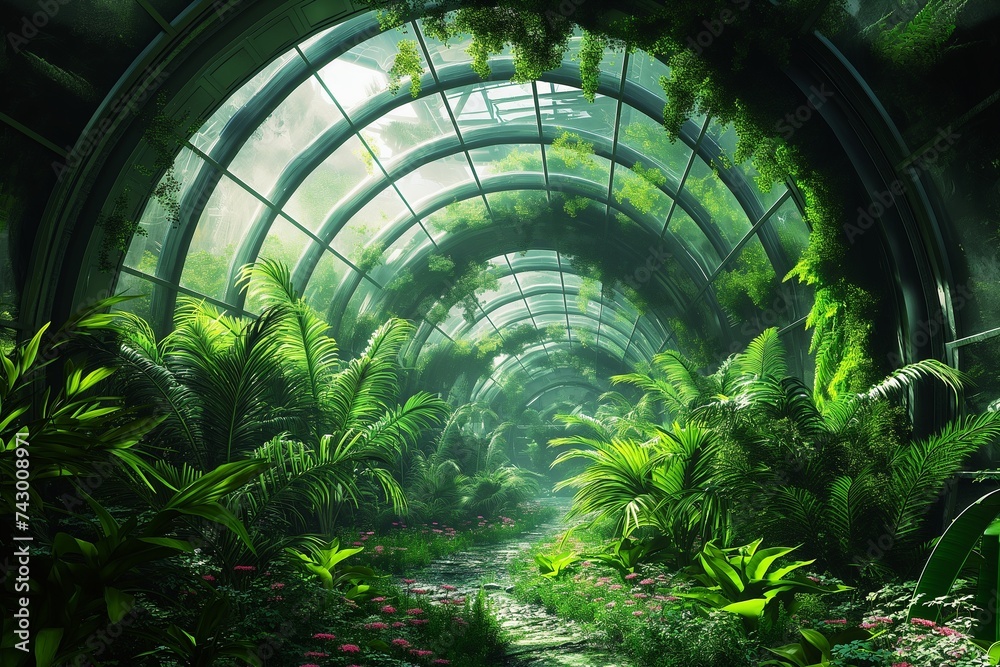Naklejka premium a picture of a verdant, zero-gravity space garden that supports life throughout a protracted space voyage inside a massive interstellar ark.