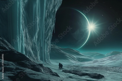 a picture of space travelers finding a mysterious, frozen planet with odd structures visible through the ice. 