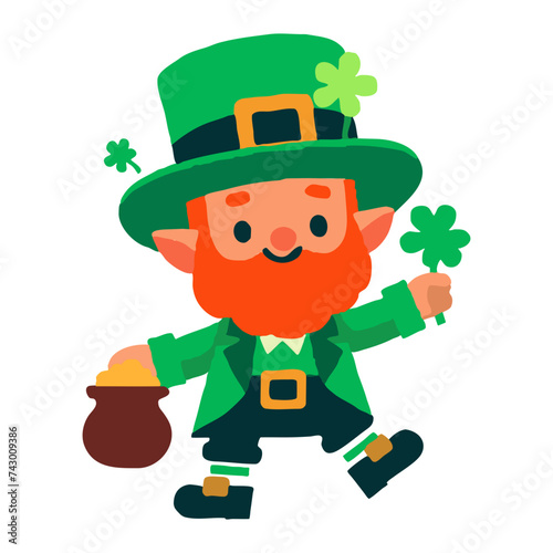 Flat illustration of cute leprechaun with clover and coin, symbol of good luck