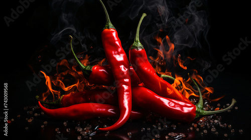  Flames on red chilies on a black background