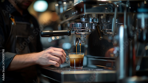 Professional espresso machine while preparing espresso shot in a coffee shop. Close-up of espresso pouring from the coffee machine