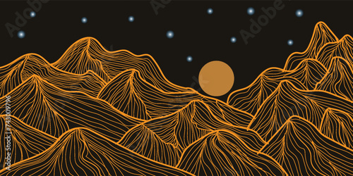 Mountain line art background, luxury gold wallpaper design for cover, invitation background, packaging design, wall art and print. Vector illustration.