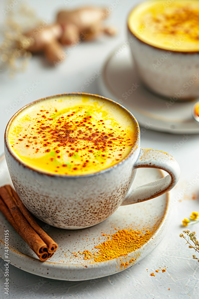 organic golden numeric latte milk with cinnamon in cup with natural light for healthy diet immune system anti inflammatory antioxidant breakfast drink in magazine editorial photography pastel