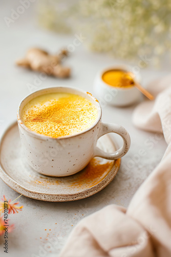 organic golden numeric latte milk with cinnamon in cup with natural light for healthy diet immune system anti inflammatory antioxidant breakfast drink in magazine editorial photography pastel