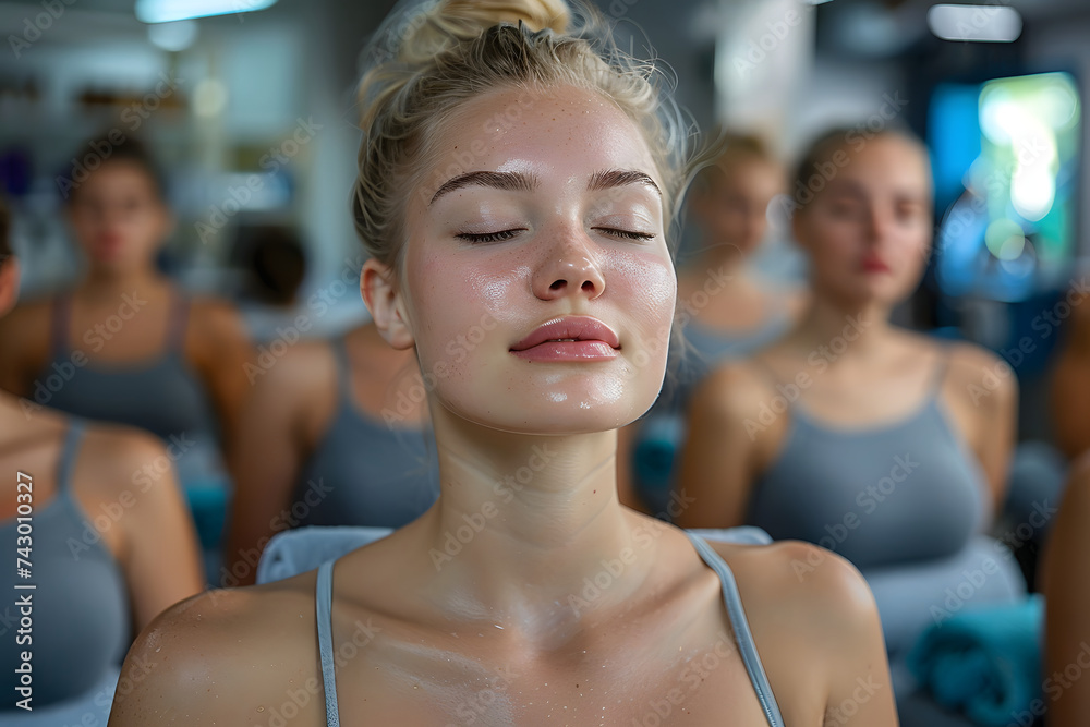 Woman With Closed Eyes in Yoga Class
