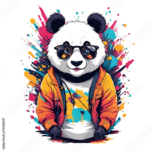 Cute and cheerful panda in cartoon style, t shirt design. isolate on white background.