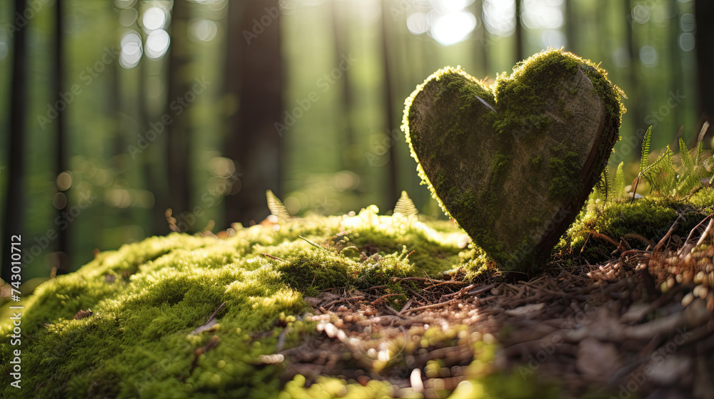 Closeup of wooden heart on moss. Natural burial grave in the woods - obrazy, fototapety, plakaty 