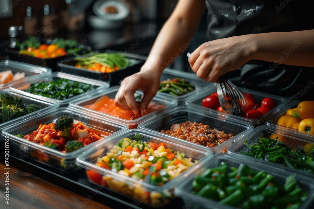 a person preparing six plastic containers of food on a table, close up,nice hand,in the style of dark green and dark black, vof,use of screen tones, environmentally inspired, dynamic and action-packed