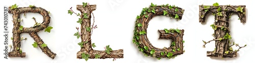Natural wood and vine letters R, L, G and T on a white background photo