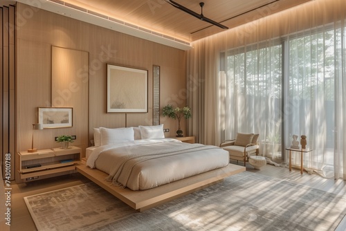 a serene and minimalist bedroom with ample natural light filtering in through sheer curtains.