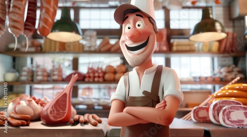 Personnage cartoon d'un homme boucher charcutier souriant, dans sa boutique. photo