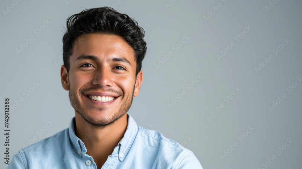 A cheerful young man in a casual denim shirt, smiling broadly at the camera with a look of genuine happiness. A cheerful young man in a casual denim shirt, smiling broadly at the camera with a look of genuine happiness.