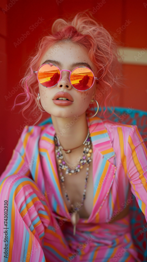 Solitude in Color: Young Woman with Sunglasses and Vibrant Hair
