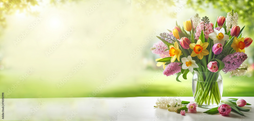 spring flowers background vase empty copy space - ai generated - obrazy, fototapety, plakaty 