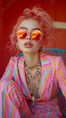 Solitude in Color: Young Woman with Sunglasses and Vibrant Hair 