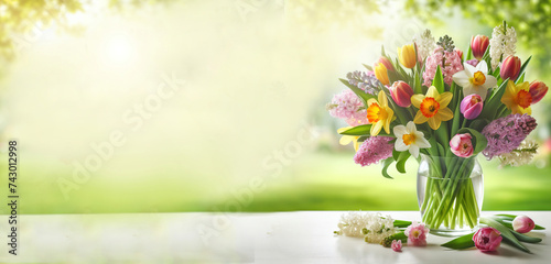 spring flowers background vase empty copy space - ai generated