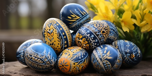 Easter eggs ukrainian pysanka. Hand painted eggs in blue and yellow colors