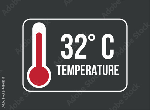 32° C. Vector temperature thermometer in degrees celsius isolated on dark background
