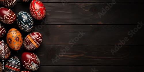 Ukrainian pysanka on dark wood background. Hand painted eggs in red and yellow colors. Top view banner, background with copy space