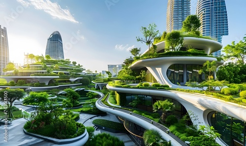 Futuristic environmentally friendly city with green spaces, Futuristic cityscape in the background