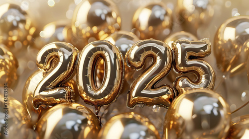 Number "2025" among the golden balls. New Year's greetings, postcard.