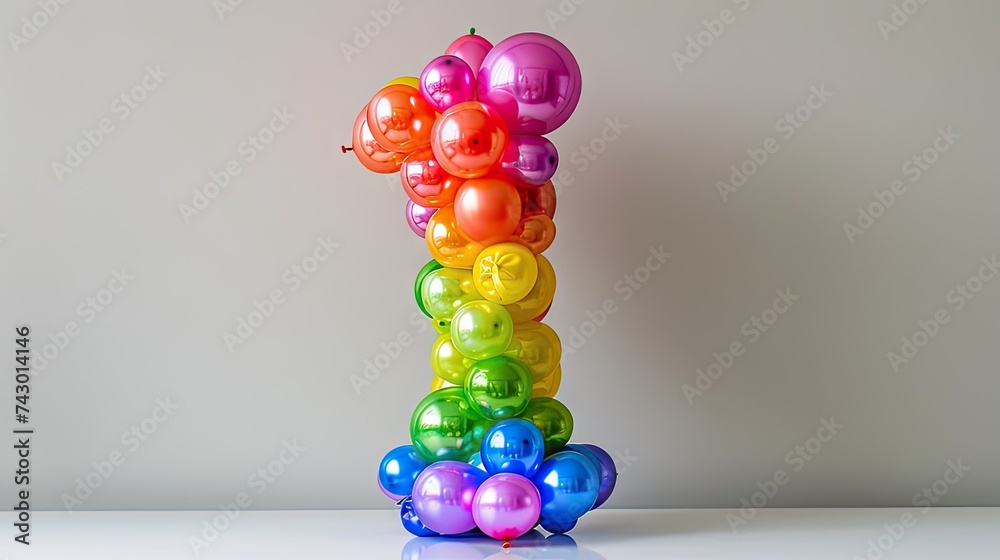 Fototapeta premium Elevate celebrations with a vivid rainbow balloon number one, radiating joy on a neutral background