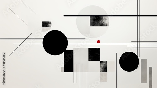 Modern minimalist abstract artwork featuring geometric shapes, circles, and lines in black, white, and red tones.