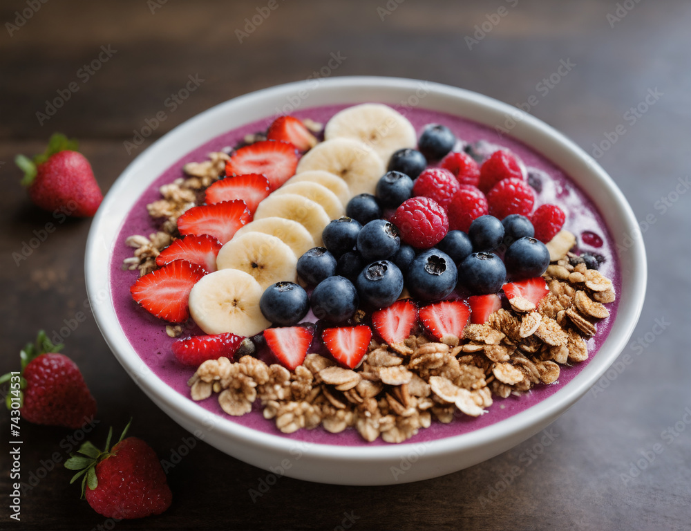 Colorful fruit smoothie bowl, decorated with different fresh berries and granola