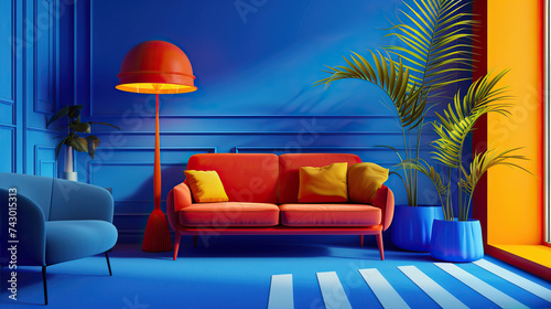 Interior of a blue room with an orange sofa  © Olya Fedorova