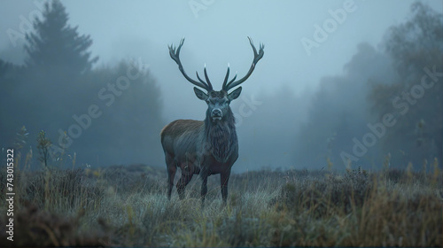 Deer in the foggy forest 