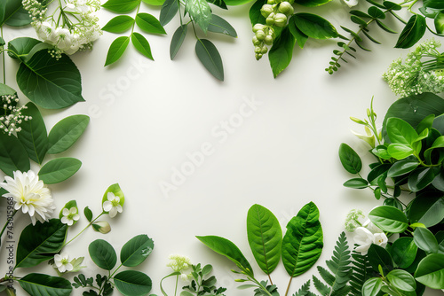 green leaves frame on white paper background with free space at center 