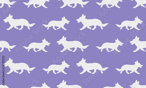 Running pembroke welsh corgi puppy isolated on a purple background. Seamless pattern. Endless texture. Pet animals. Design for wallpaper, template. Vector illustration.