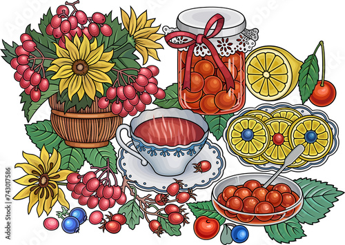 Sweets  berries  fruits  drinks  flowers hand drawn vector doodles illustration. Nature and food elements and objects cartoon background.